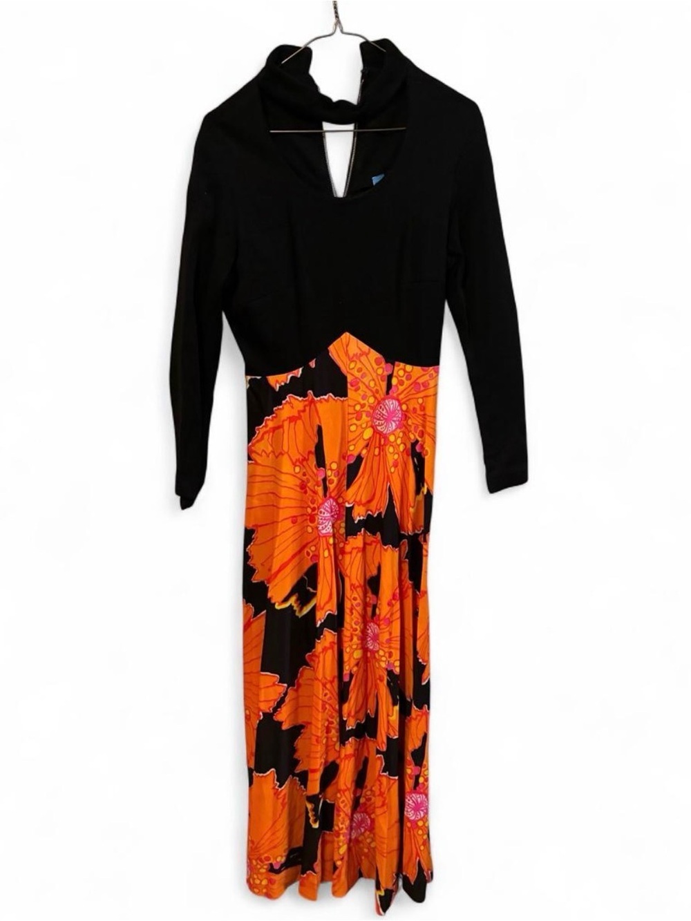 Vintage Black & Orange Floral Maxi Dress